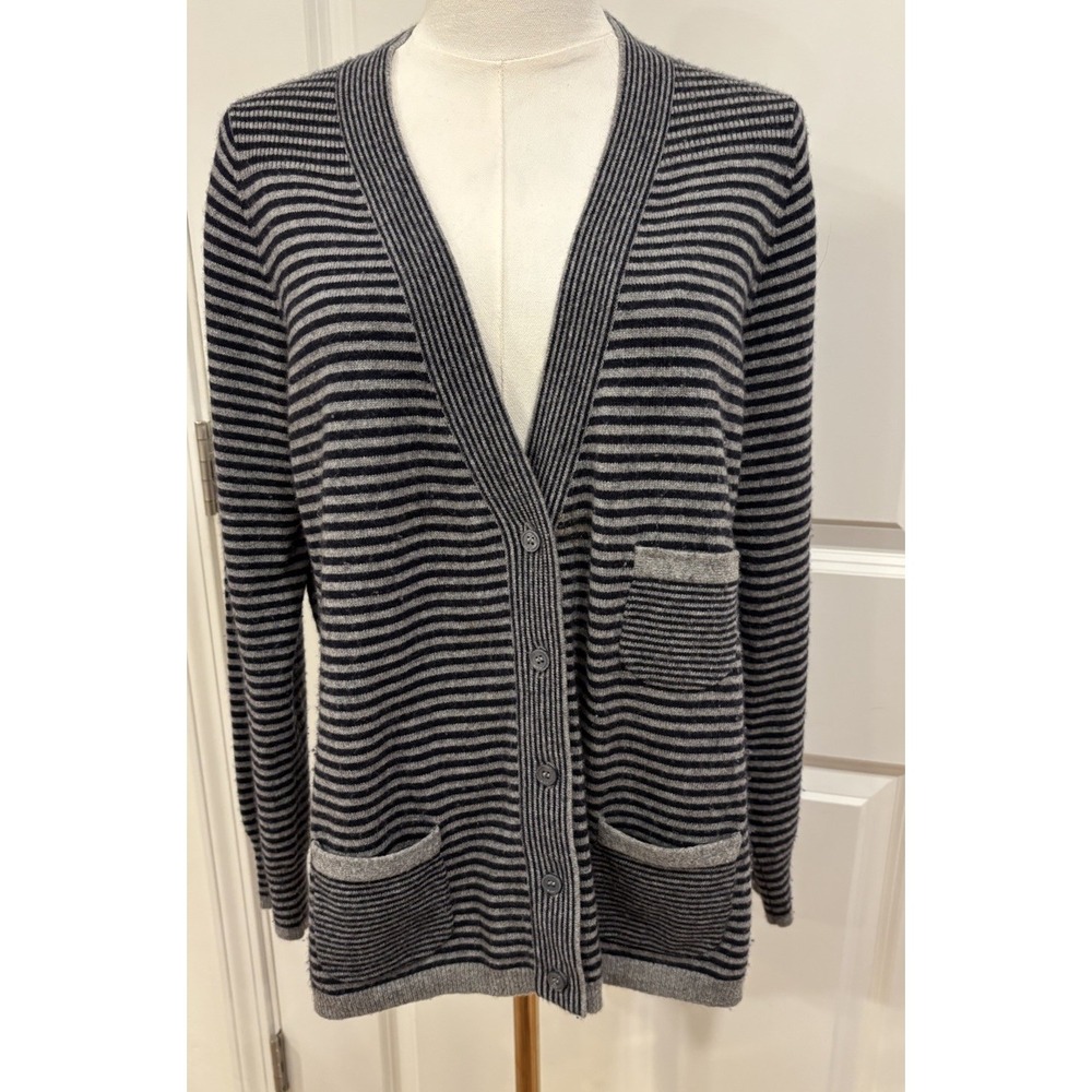 Devernois France 100% Cashmere Cardigan Sweater Striped Gray Black Women's 4 L